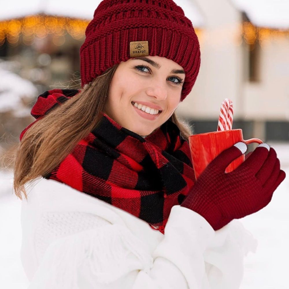 Red Beanie Gloves 4 in 1 Win Set Knitted Scarf Hat  Gloves and Ear Warmer  U…​​ - Picture 4 of 5